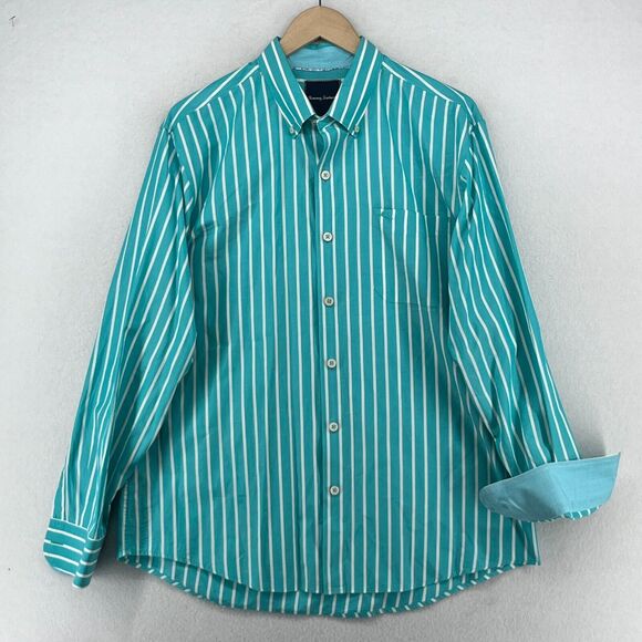 Tommy Bahama Other - TOMMY BAHAMA Shirt Mens L Striped Flip Cuff Button Up Pima Cotton Teal Green
